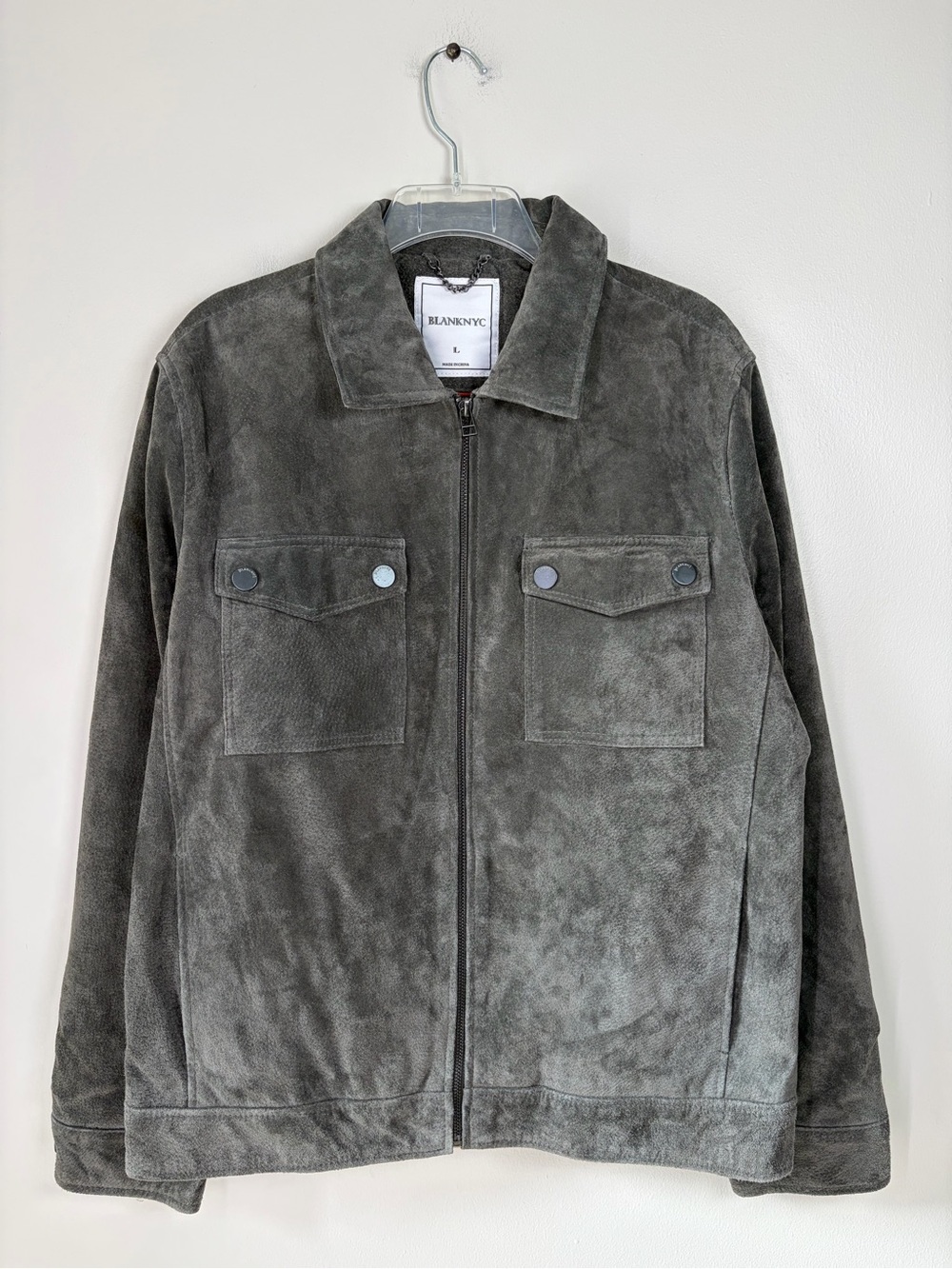 Blank NYC Men’s Gray Genuine Leather Suede Zip Up Patch Pocket Jacket